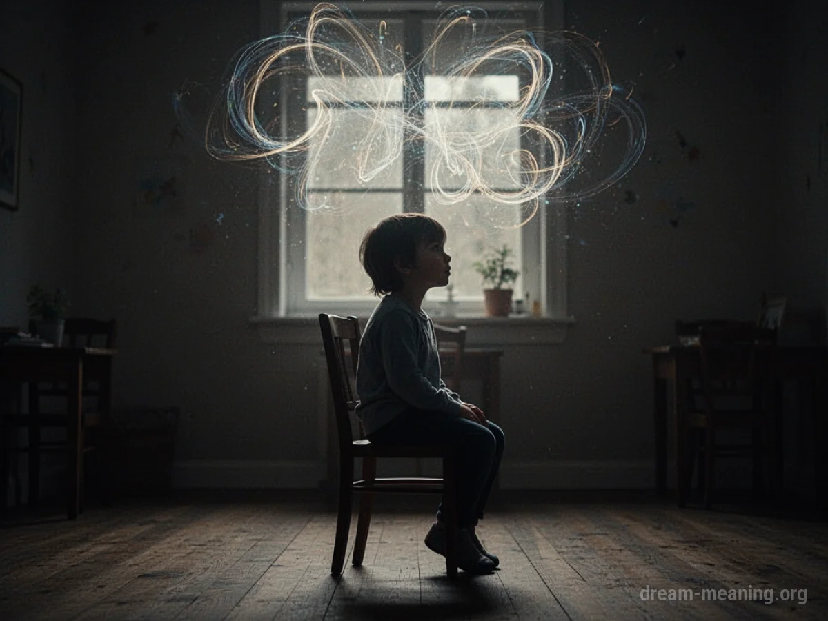 Silhouette of a child in a chair with abstract lights above.