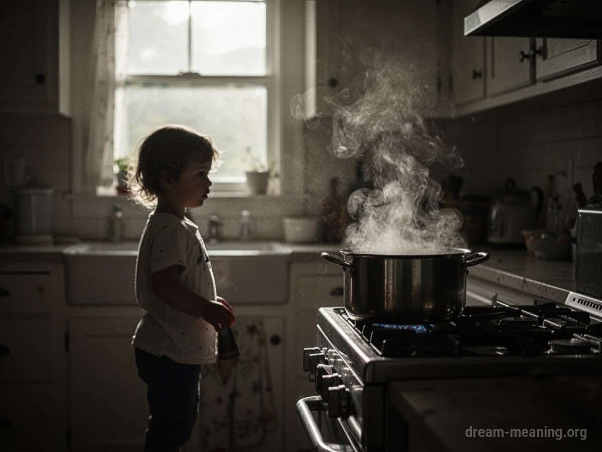 Silhouette of a child near a steaming pot.