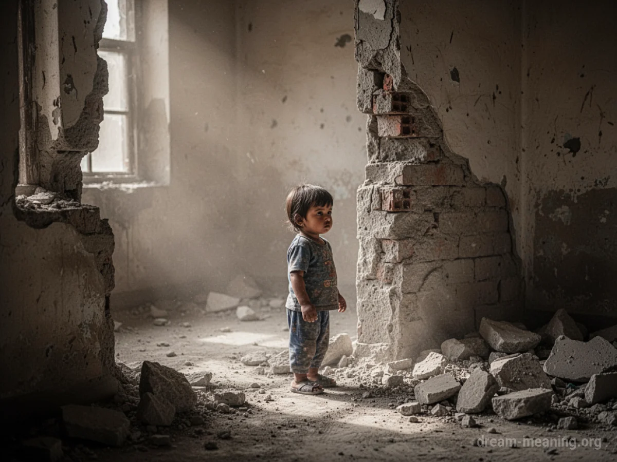 A child stands in a room with a crumbling wall and debris.