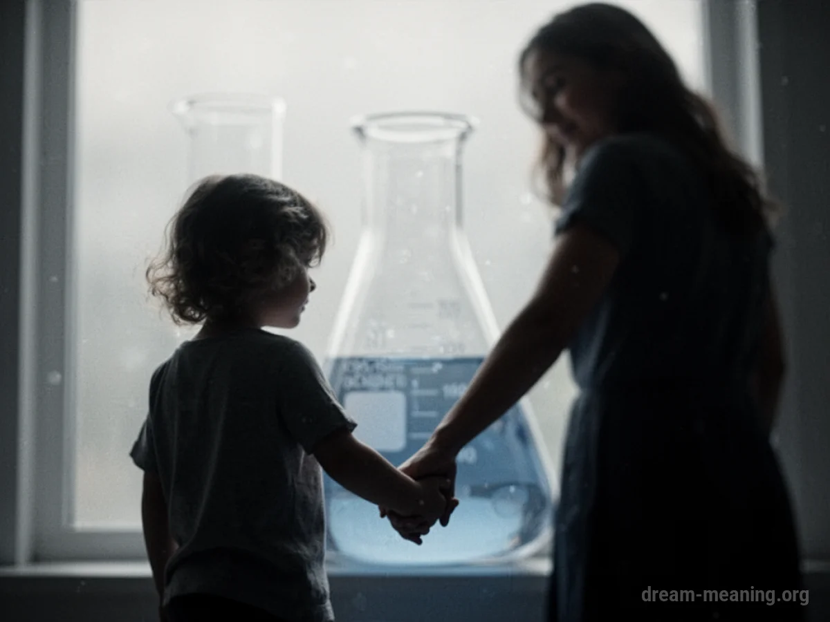 Silhouette of a parent and child holding hands, with a laboratory beaker in the distance.