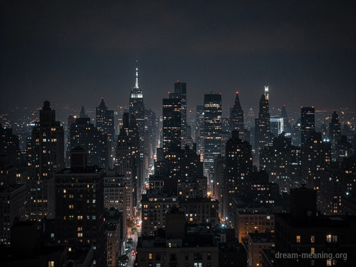 A city skyline at night with most lights out.