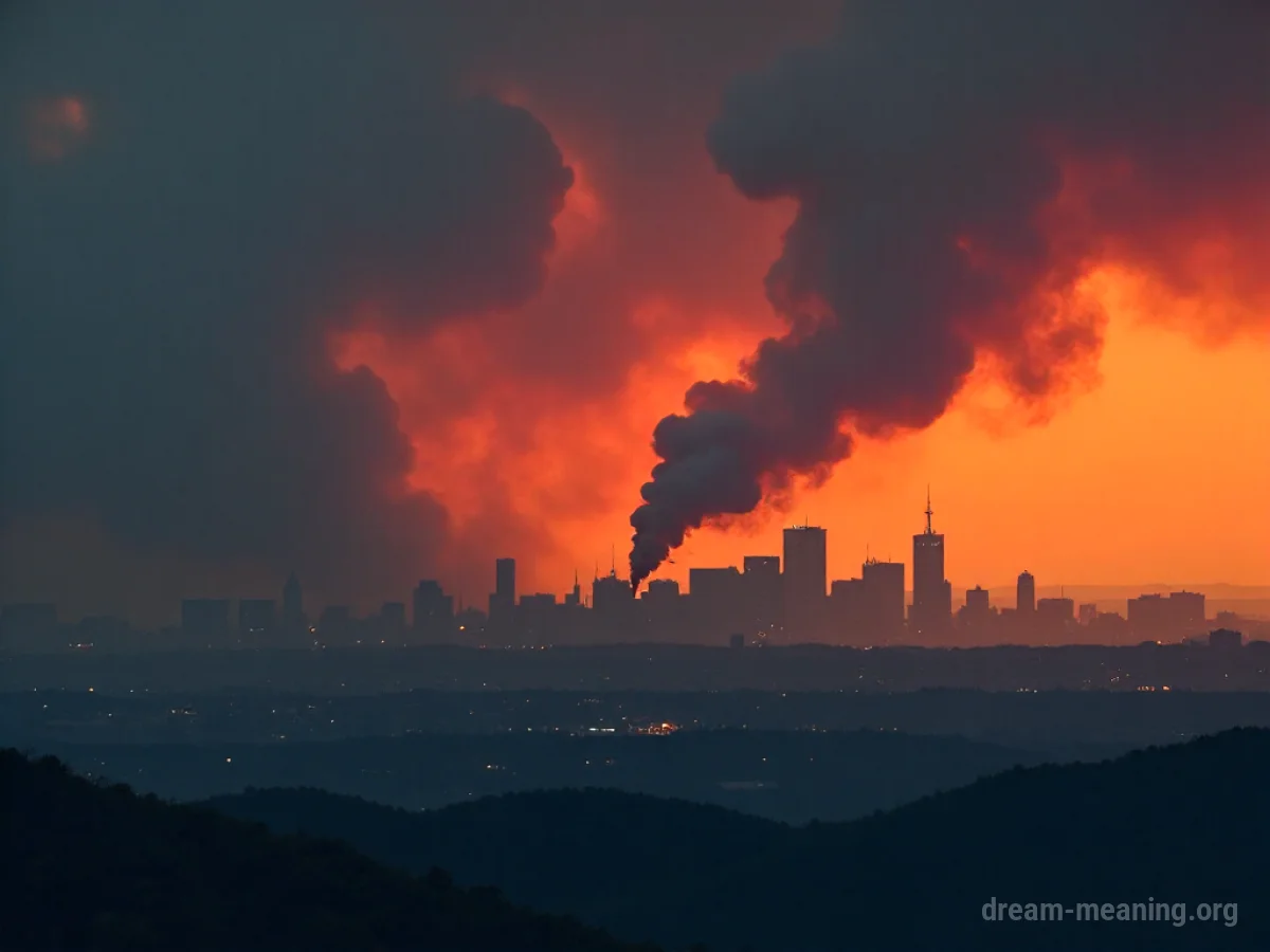 Distant view of a city with smoke billowing from buildings.