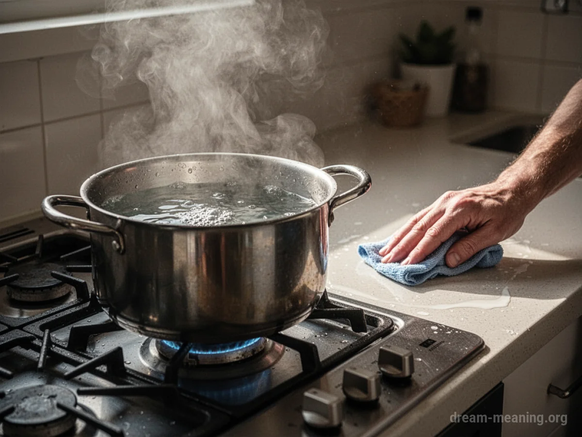 A pot of boiling water next to a cleaned surface.