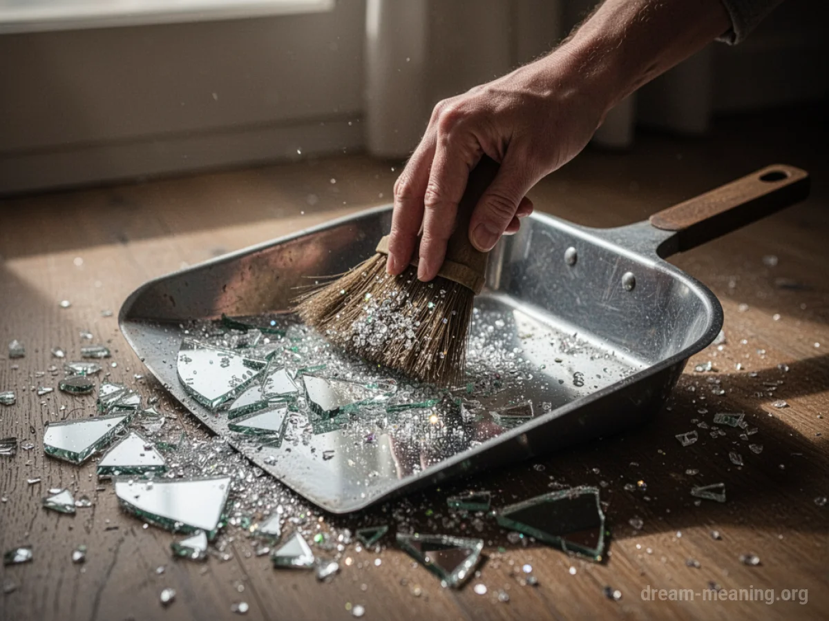 A hand sweeping broken mirror shards into a dustpan.