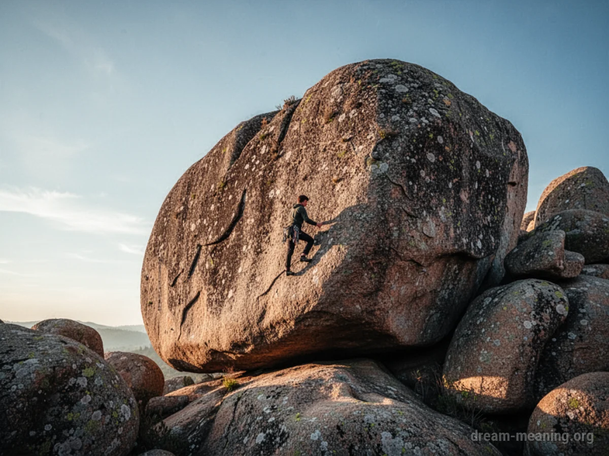 A person climbing a large rock outdoors.
