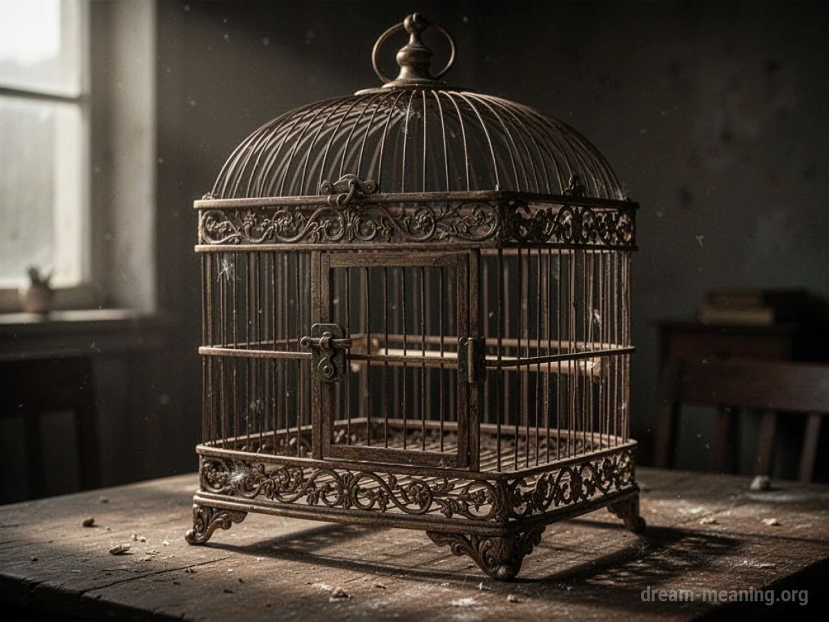 An empty bird cage with its door shut.