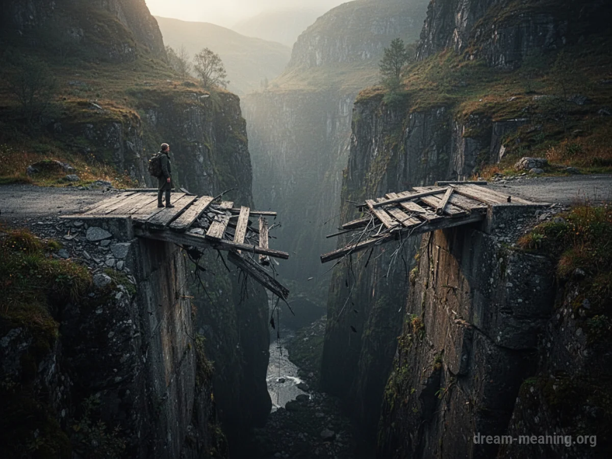 A broken stone bridge with a large gap in the middle, spanning over a dark, misty ravine.