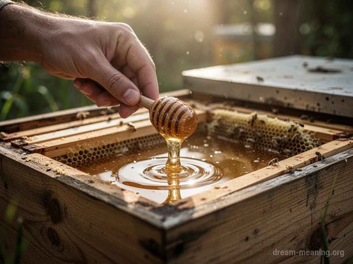 A person's hand collecting honey from a beehive.
