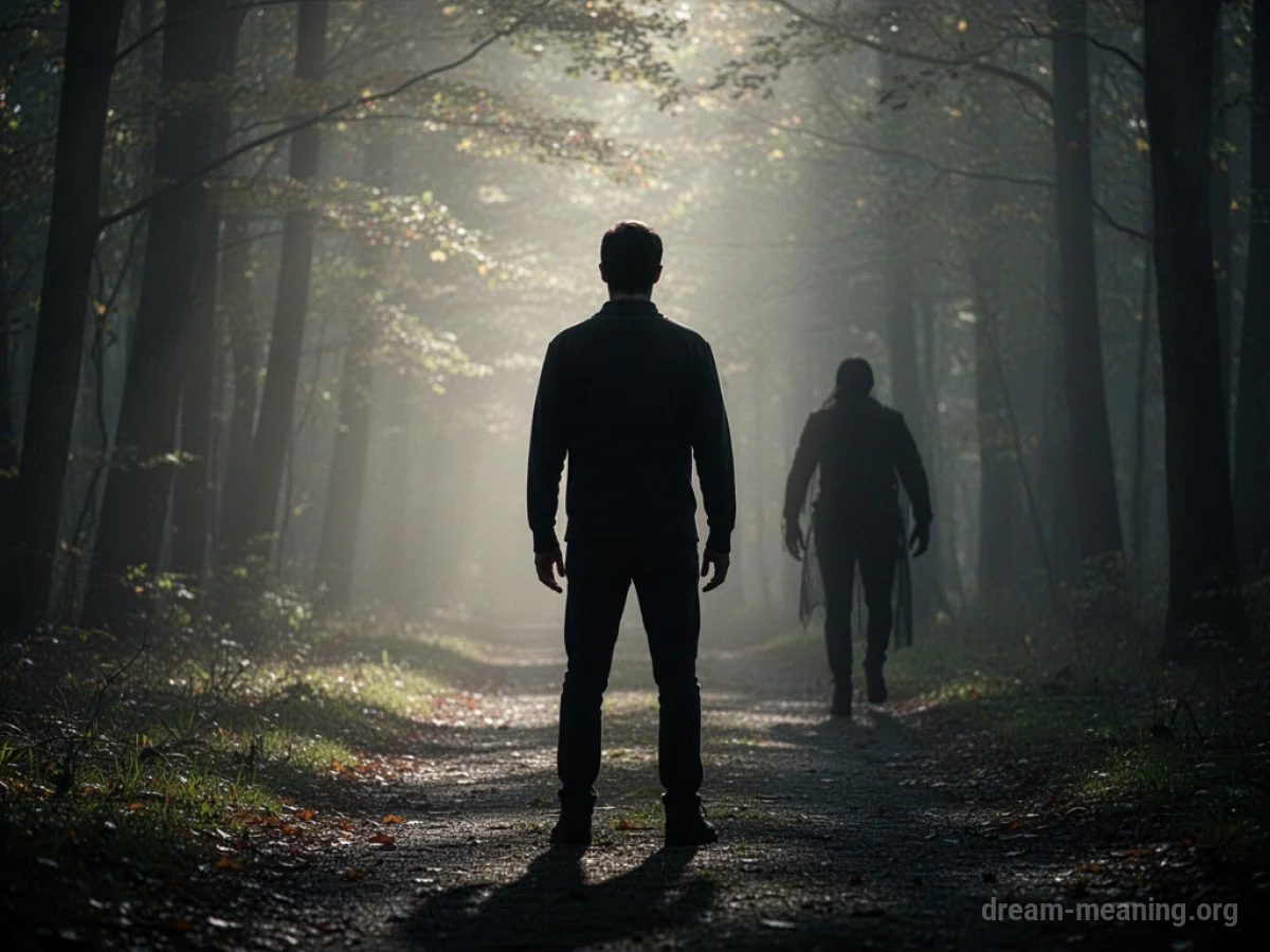 A lone figure stands their ground as a dark shape approaches.
