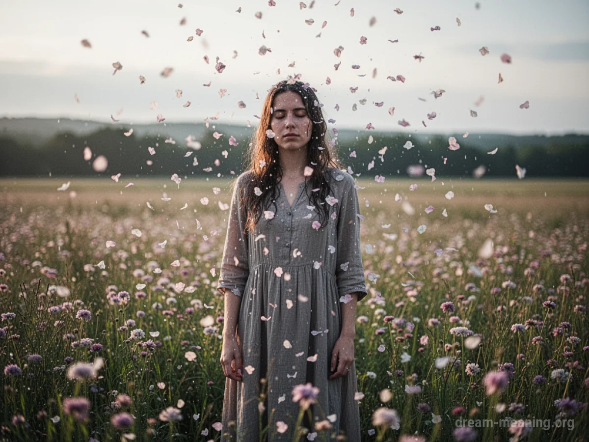 A person standing amidst falling flower petals.