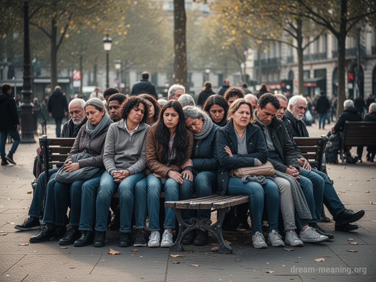 A public bench seat packed tightly with people.