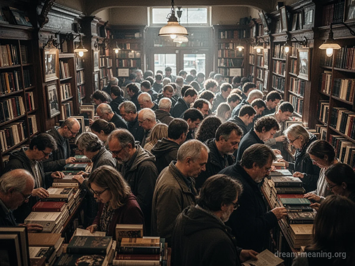 A dense crowd of people browsing books inside a bookstore.