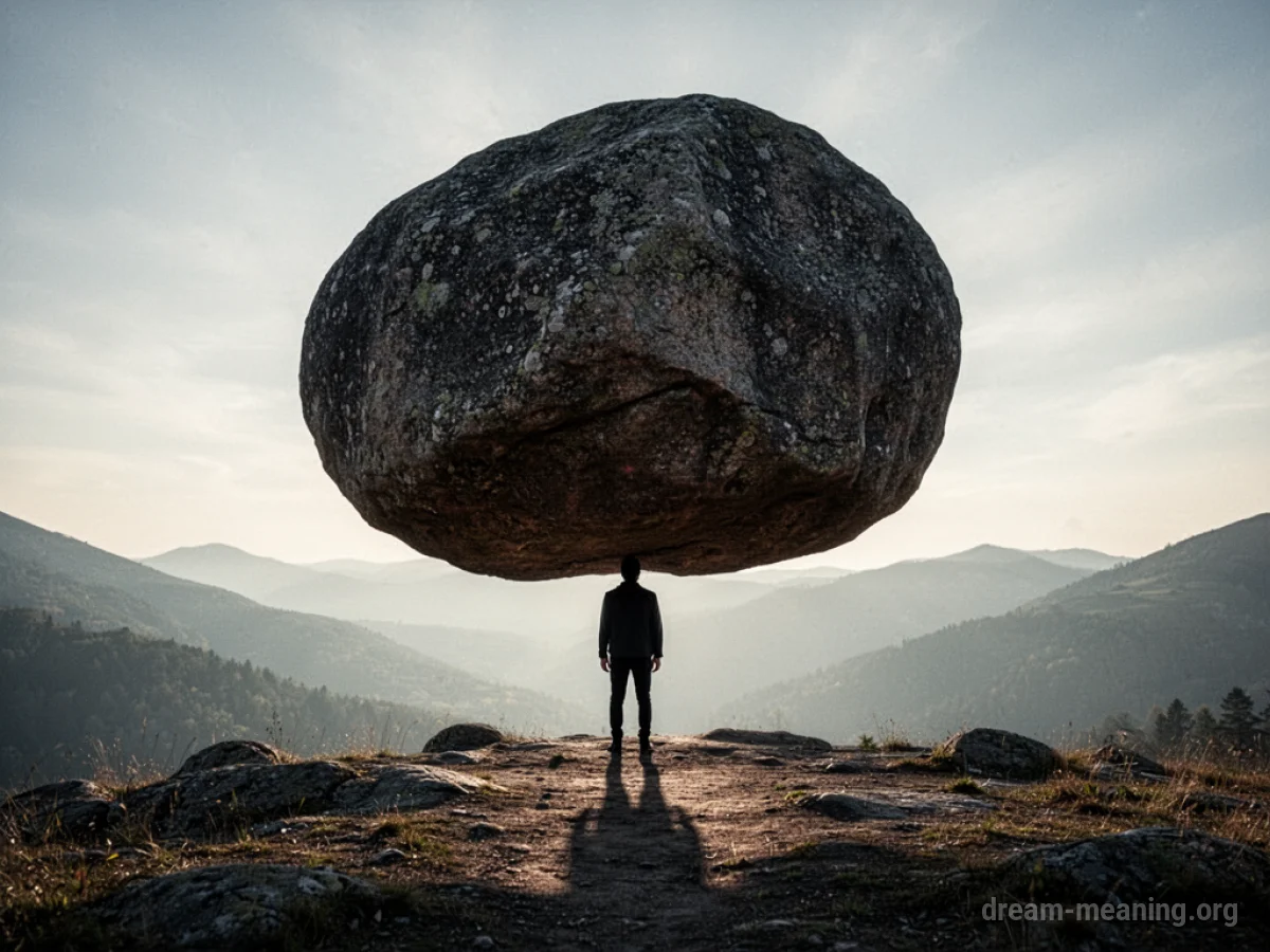 A dark silhouette of a person beneath a large, heavy boulder.