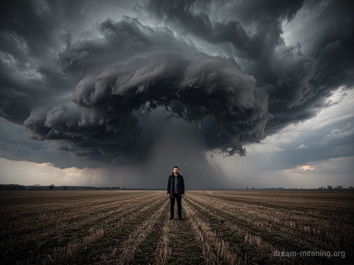 A dark cloud overshadows a person in an empty field.