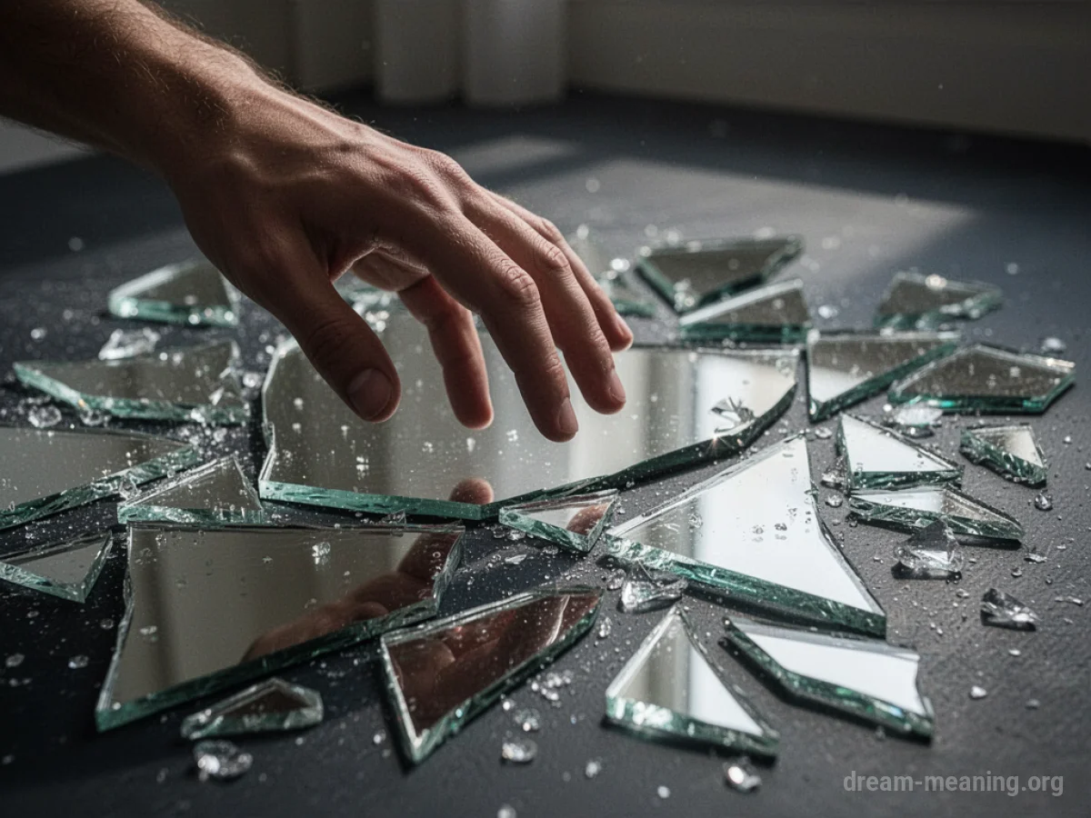 A person's hand reaching out towards shards of a broken mirror.