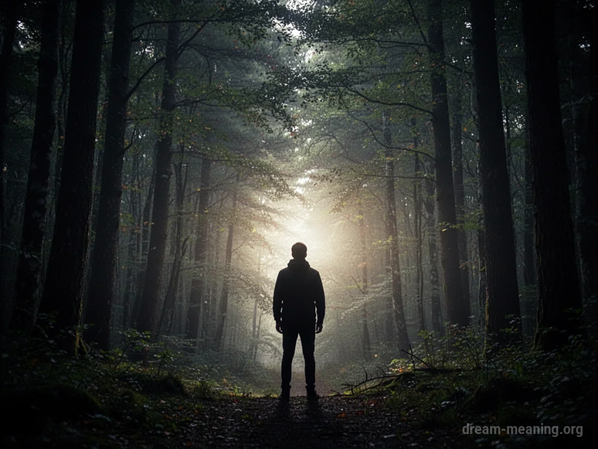 A person stands at the edge of a dark forest facing a bright opening.