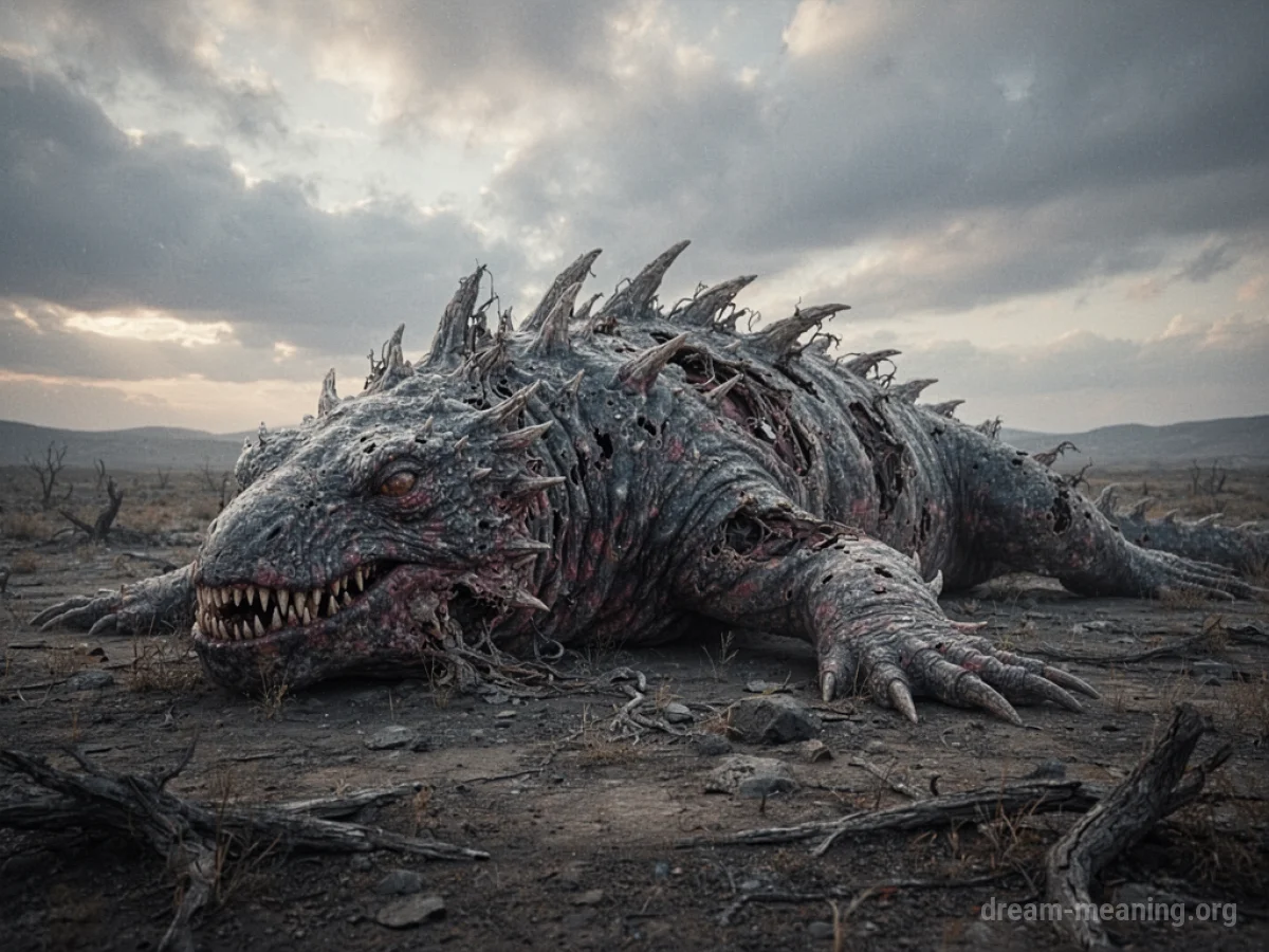 A large, inanimate beast lying on the ground in a barren area.