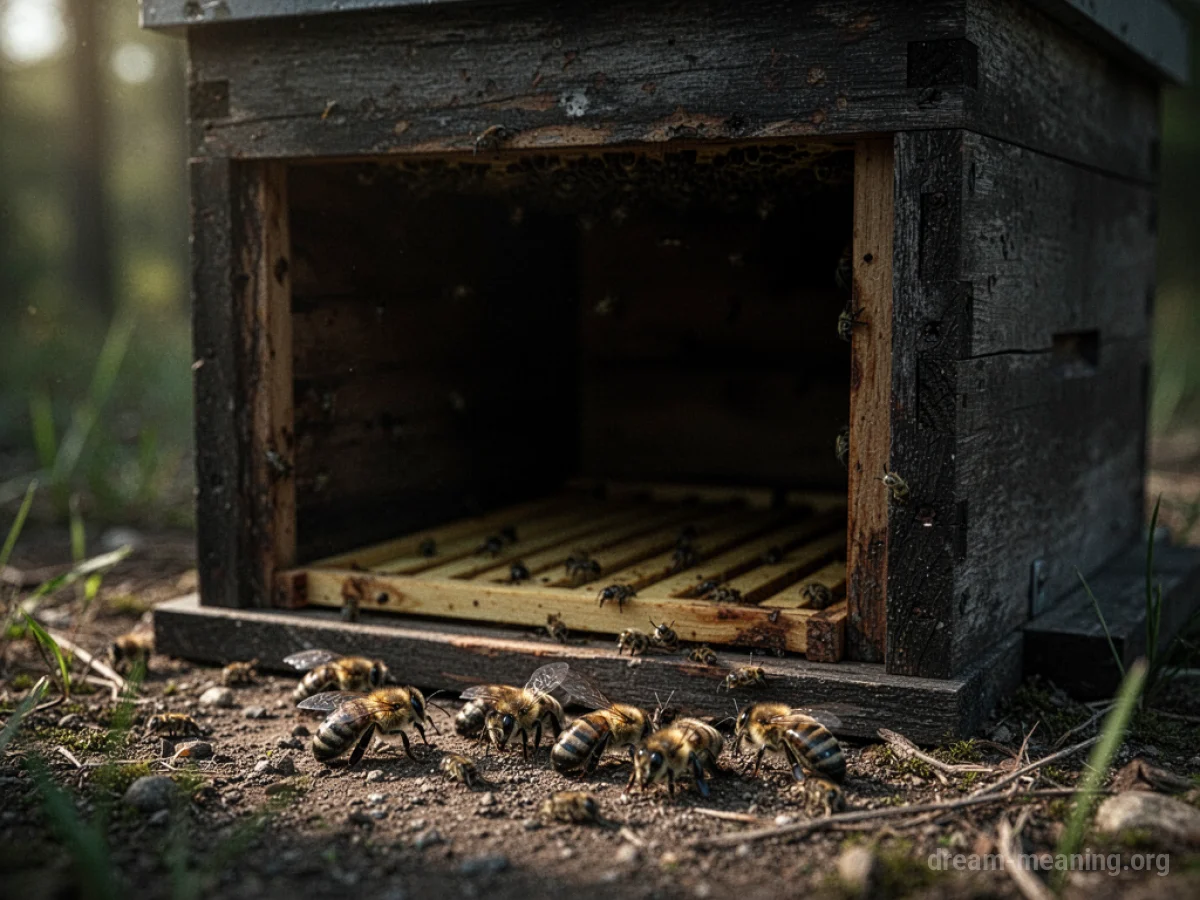 An empty beehive with several deceased bees on the ground.