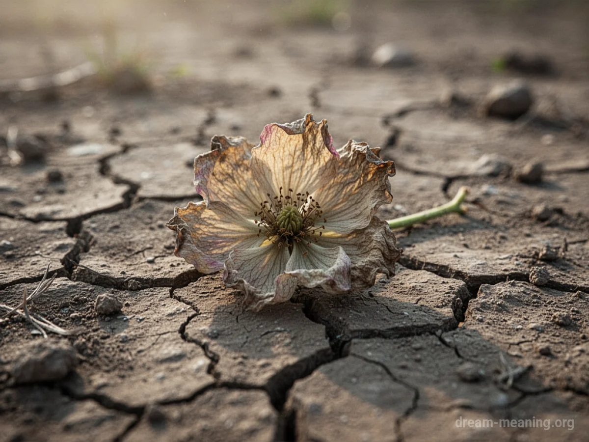 A single withered blossom on dry, cracked ground.