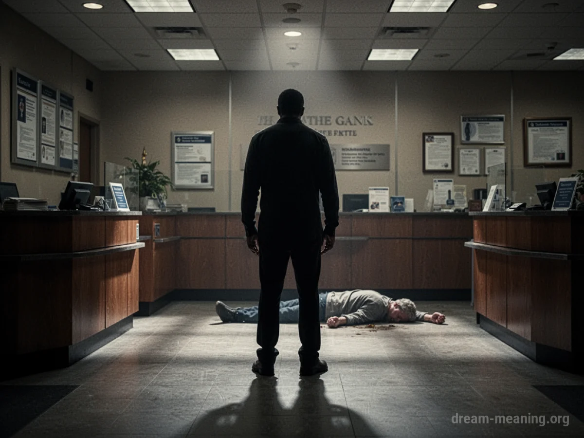 A dark silhouette of a person in a bank with a still shape on the floor.