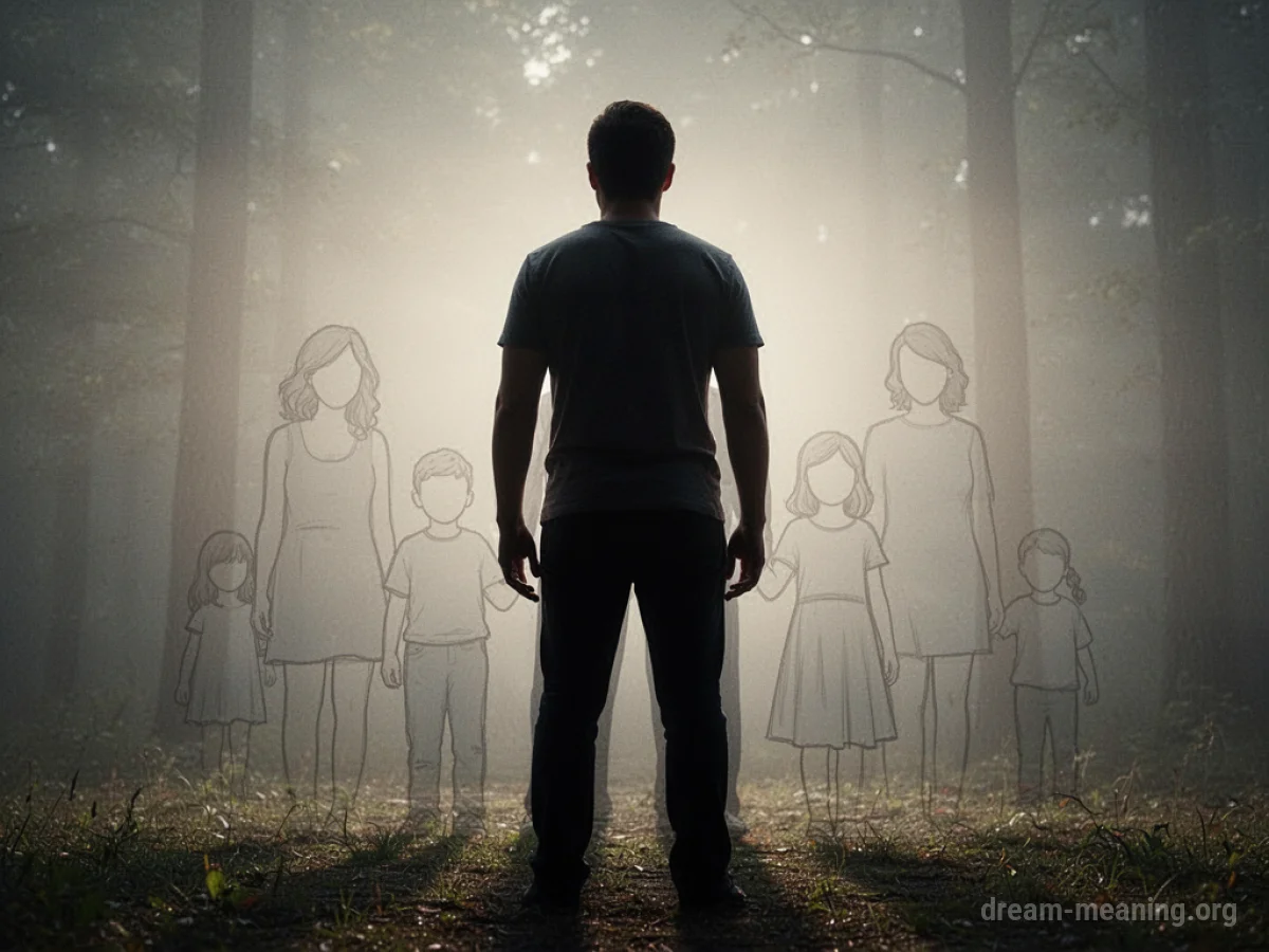Silhouette of a figure standing guard in front of faint figures representing a family.