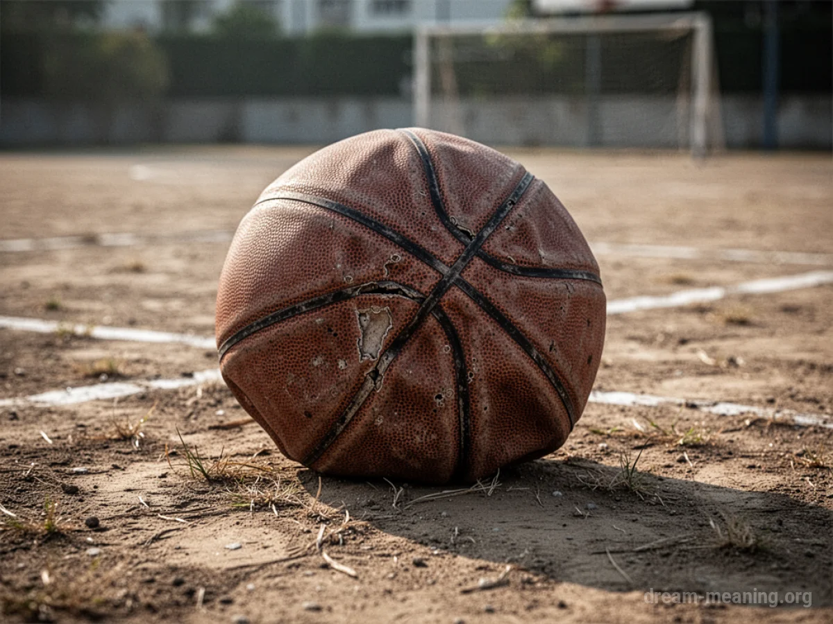 A deflated basketball on a basketball court.
