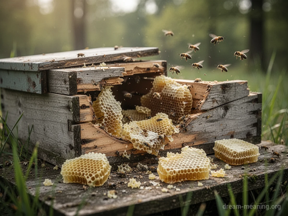A shattered beehive with pieces scattered on the ground.