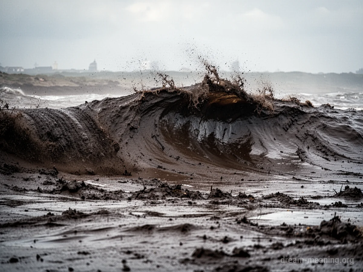 A large, dark, murky wave with visible sediment.