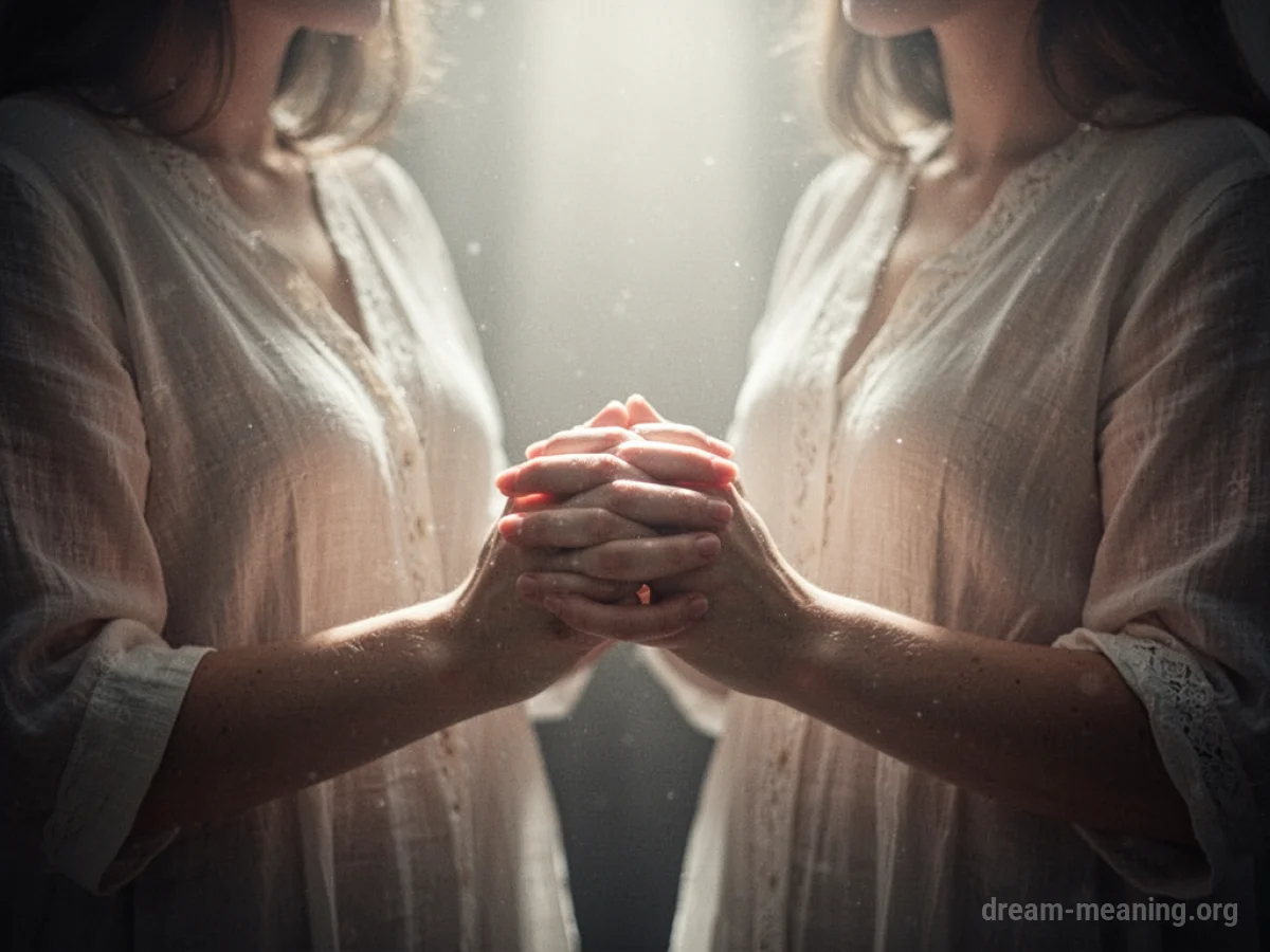 A person stands with eyes closed and hands clasped as a beam of light shines down.