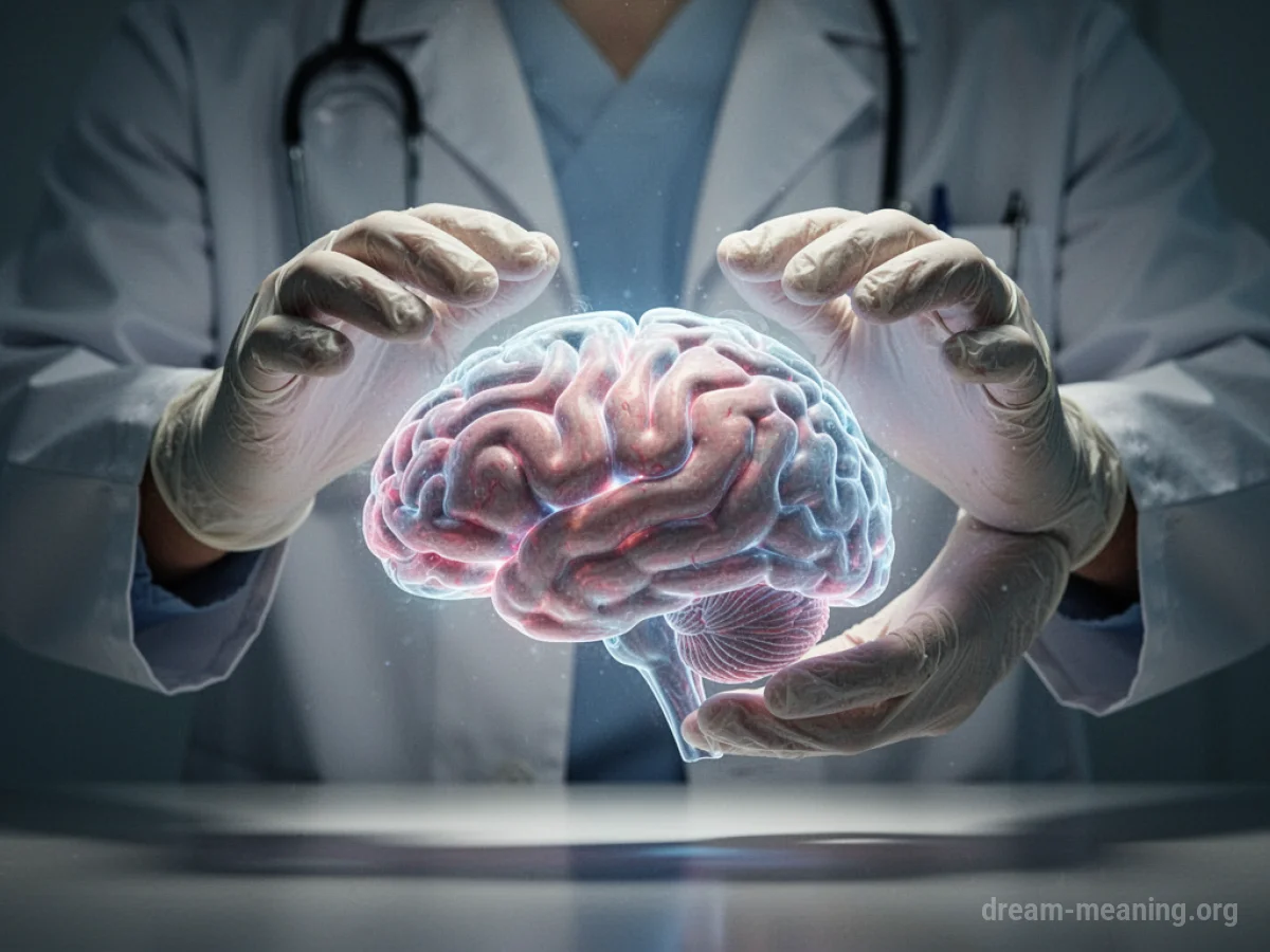 Gloves hands of a doctor over an abstract brain.