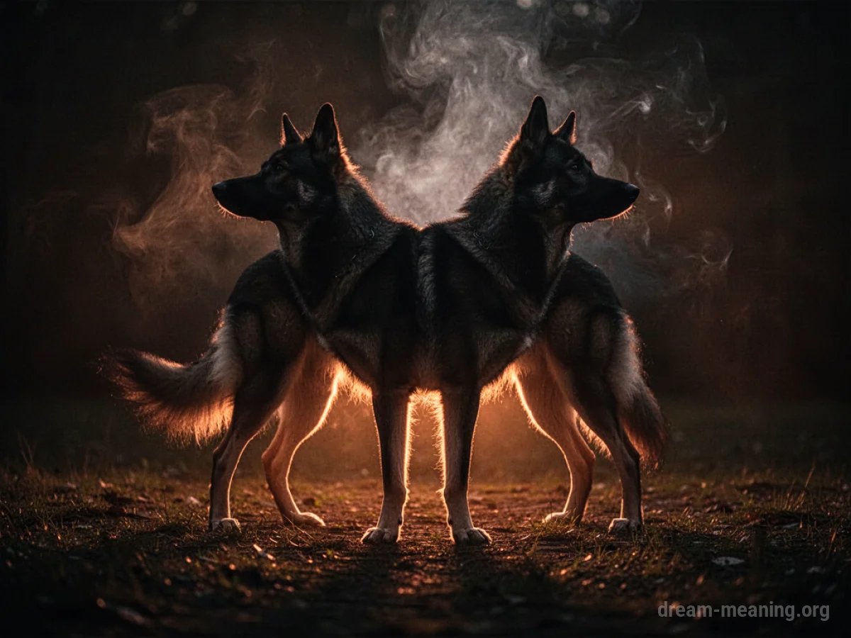 Silhouette of a dog against a backdrop of subtle, warm light and rising smoke.