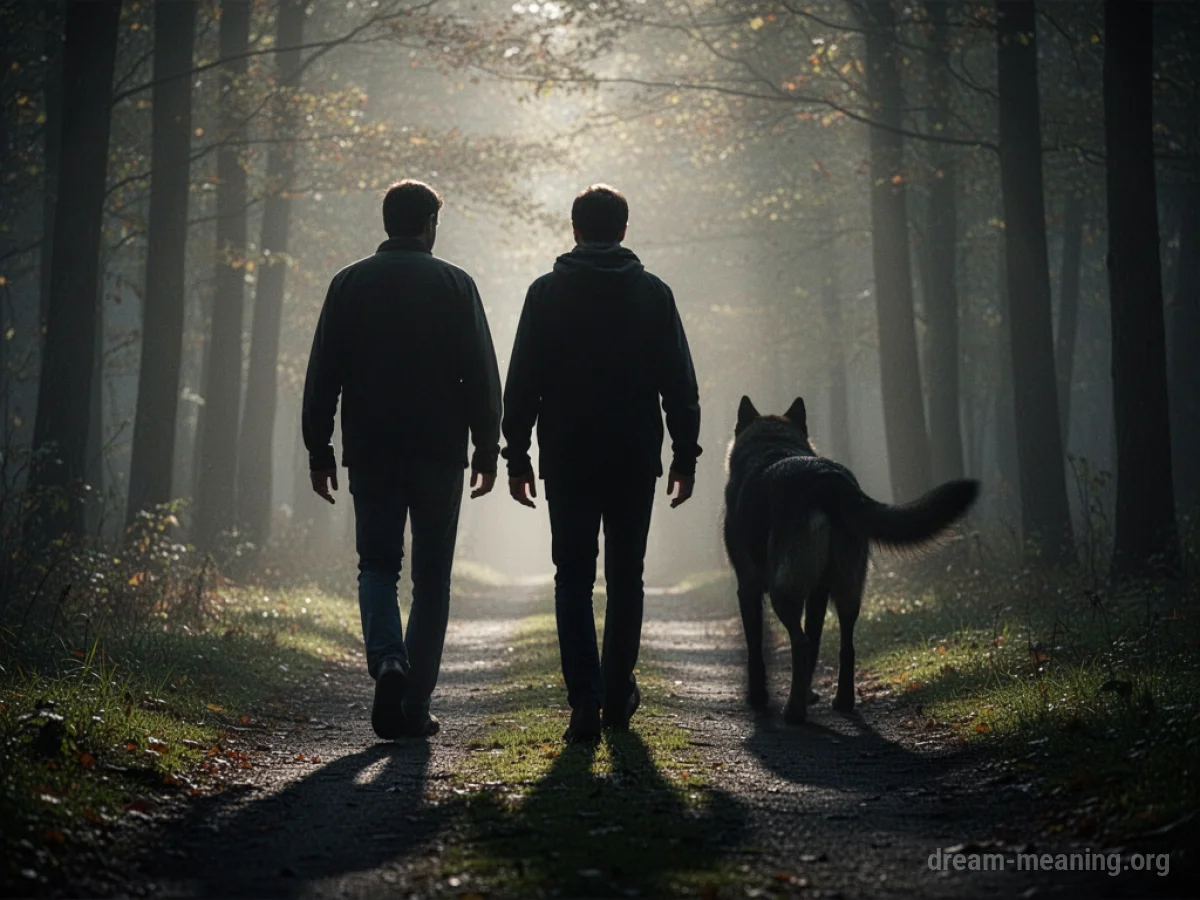 Silhouette of a person walking away from a dog silhouette.