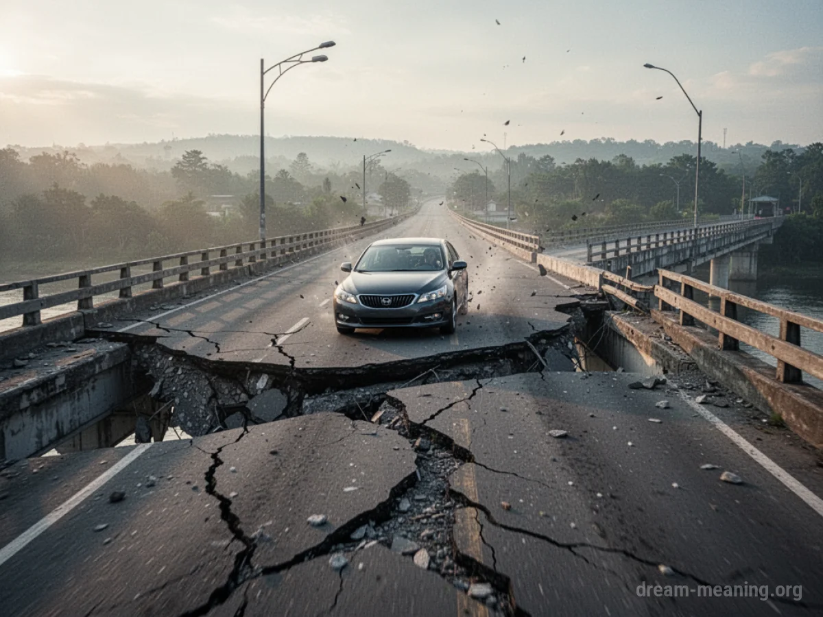 A car on a crumbling bridge.