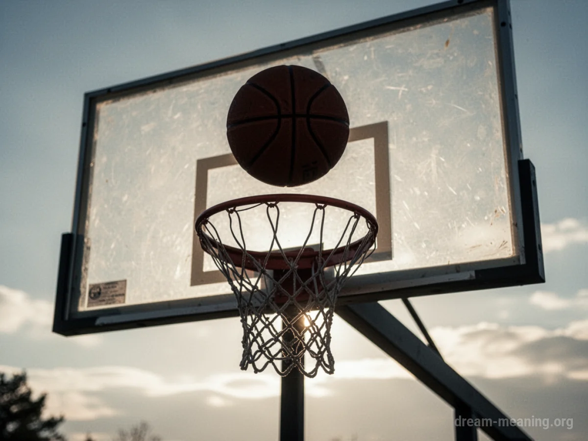 A basketball poised above a hoop.