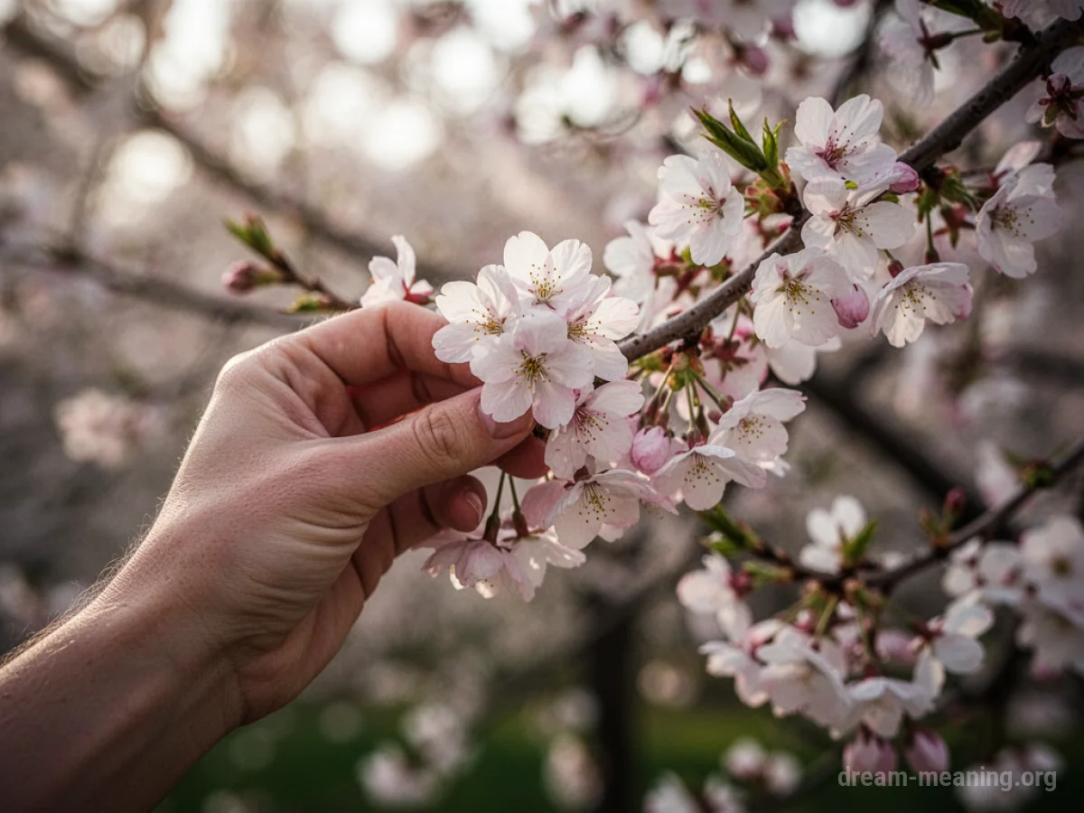 A person's hand reaching out to pluck small flowers from a tree branch.