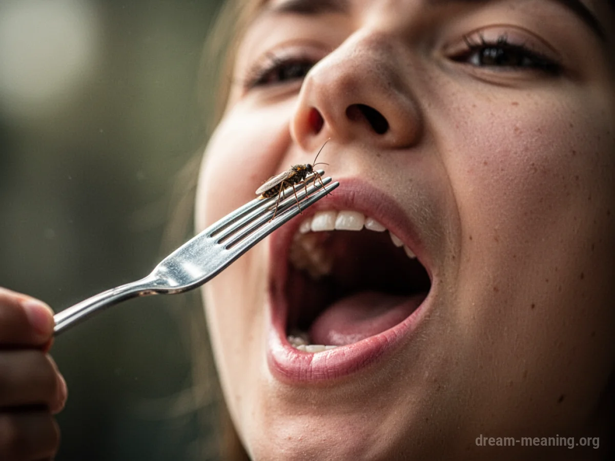 A fork with a single insect on it is held near an open mouth.