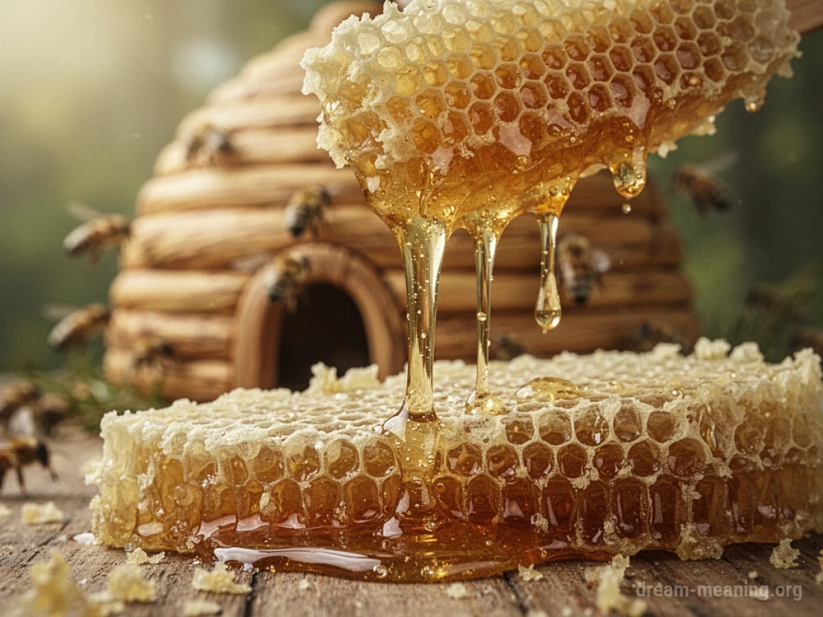 A close-up of dripping honeycomb with a blurred beehive in the background.