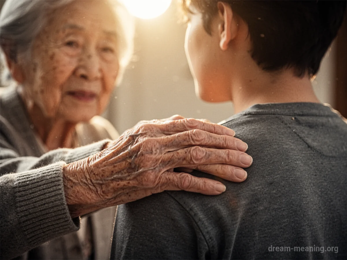An elder's hand resting on a younger person's shoulder.