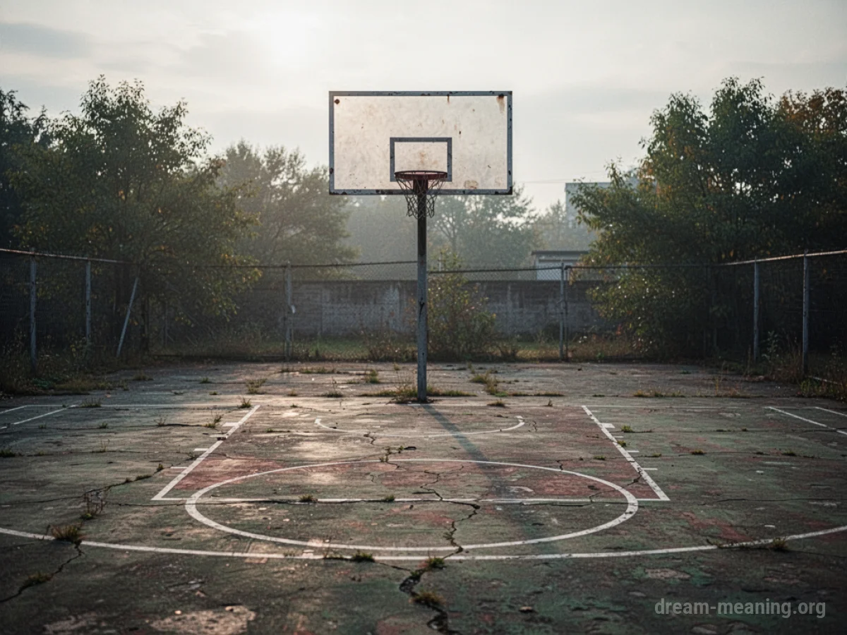 A solitary, empty basketball court with a hoop.
