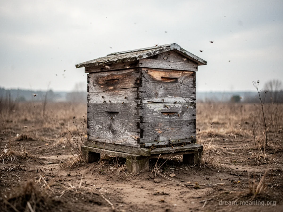 A solitary, empty beehive in a barren field.