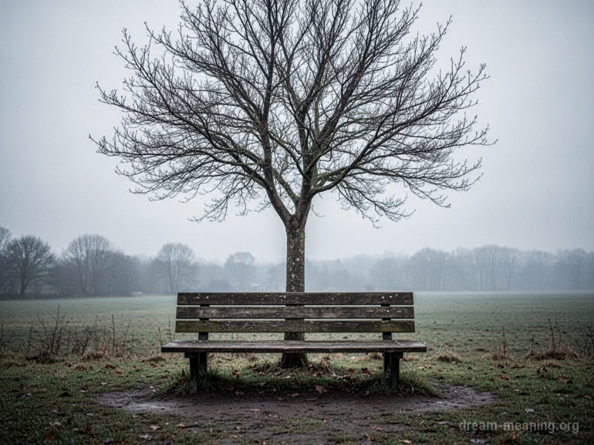 An empty wooden park bench under a bare tree on a grey day.