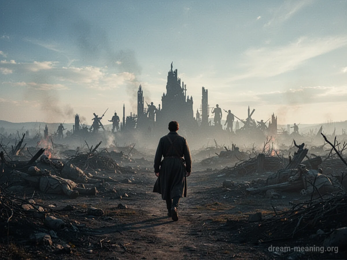 Silhouette of a person walking away from a hazy, indistinct battlefield towards a brighter horizon.