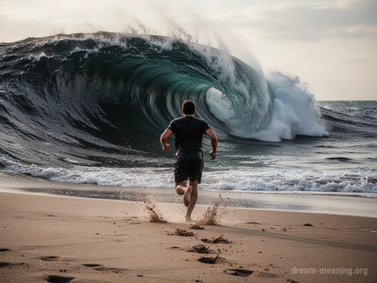 Person running from a large wave on a beach.