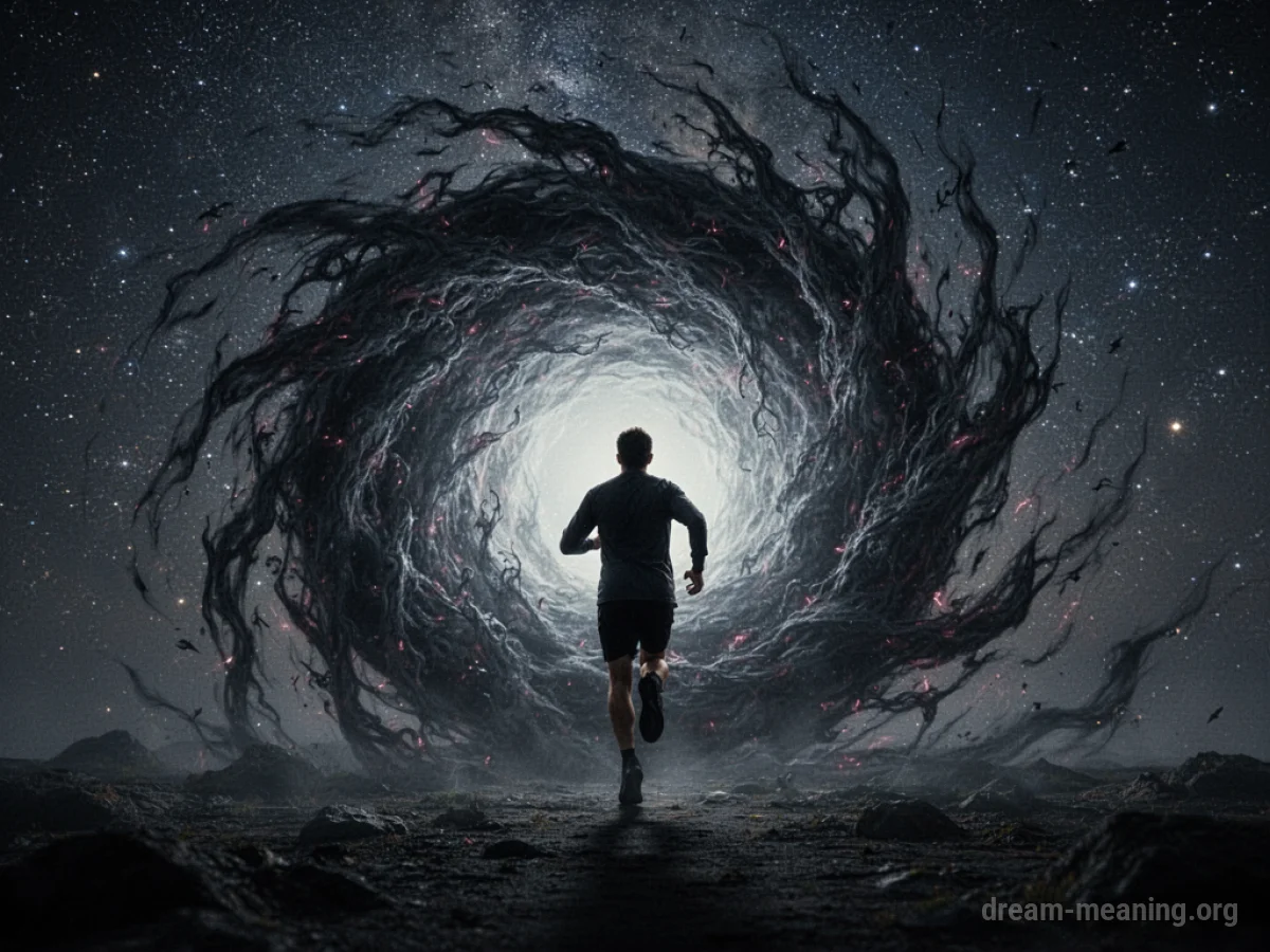 Silhouette of a person running away from a dark swirling vortex.
