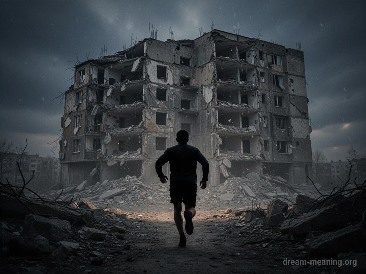 Silhouette of a person running from a falling building.