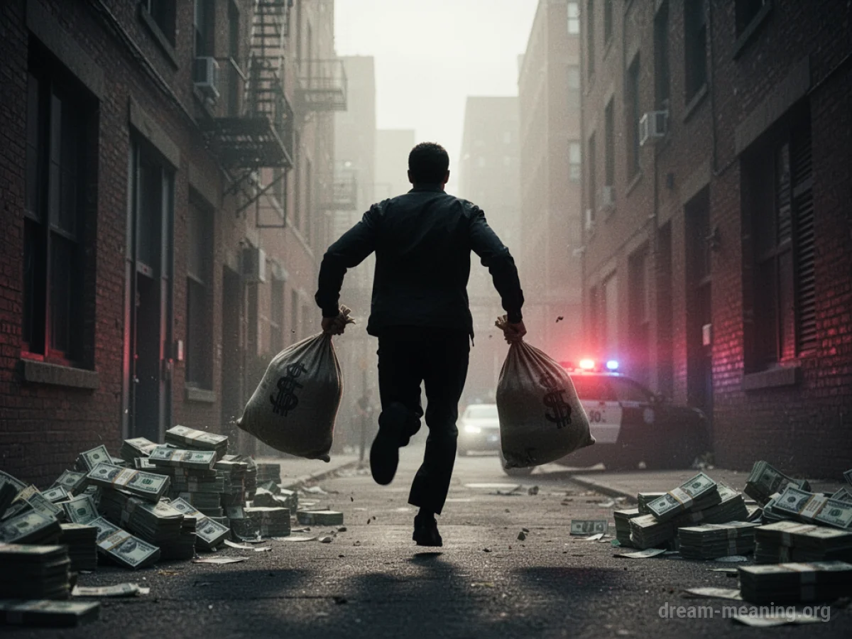 Silhouette of a person running with bags of money away from a building.