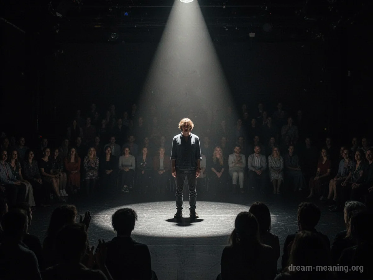 A person stands alone under a spotlight while shadowy figures watch from darkness.