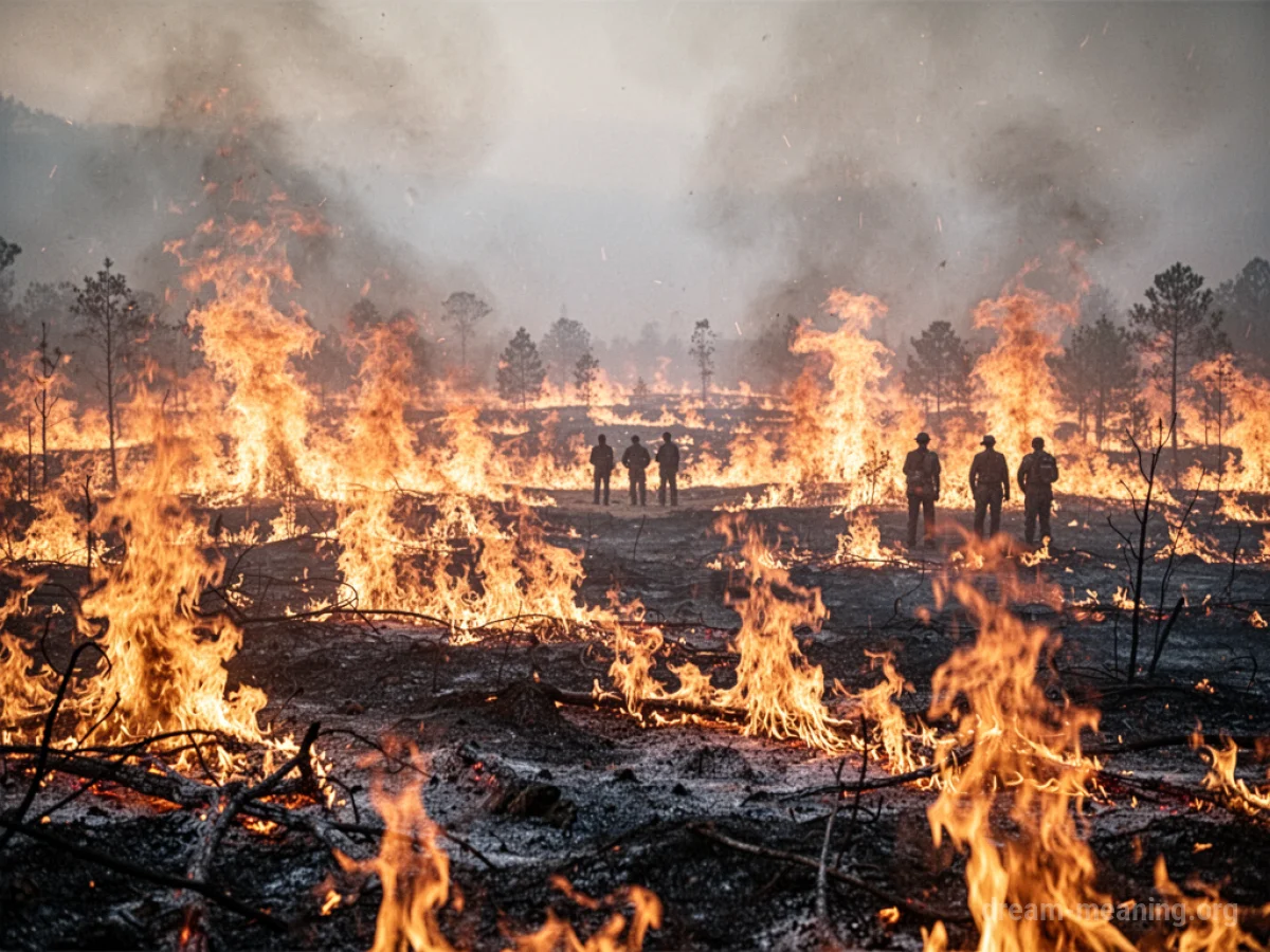 A landscape consumed by fire with distant silhouettes.