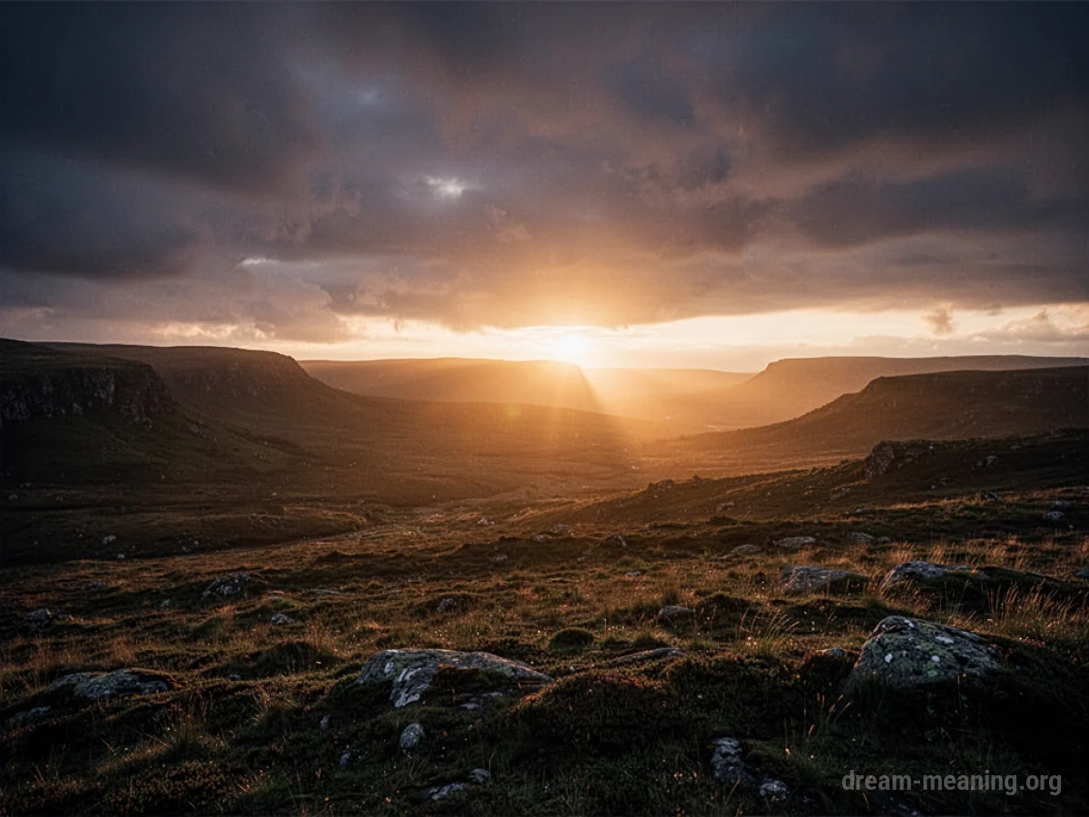 A dark landscape illuminated by a sudden, bright light.