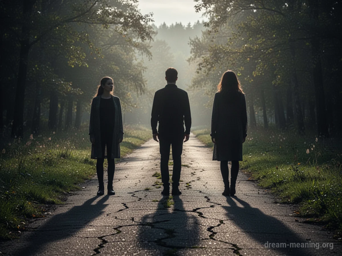 Two silhouetted figures with a growing distance between them on a broken path.